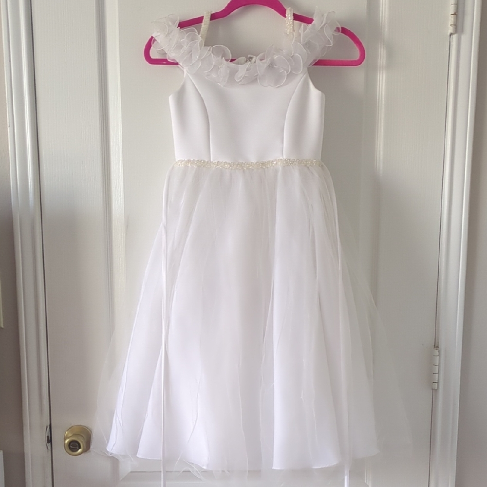 Us Angels White Formal Kids Dress with Floral Accents
